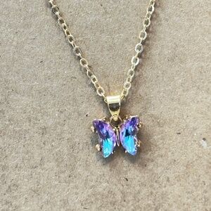 Gold Tone Mystic Glass Crystal Butterfly Pendant